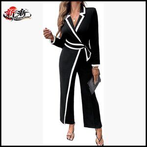 Wrap Front Jumpsuit Long Sleeve Notched Collar Padded Shoulders Rayon Elastane